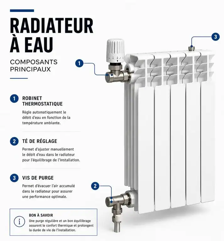 Schéma technique des composants d'un radiateur à eau pour le démontage