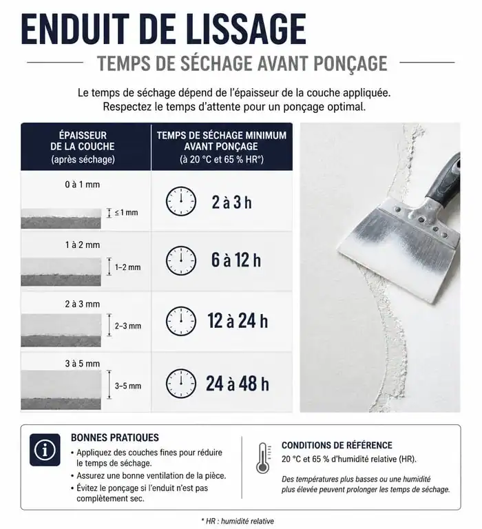 Infographie des temps de séchage de l'enduit de lissage avant ponçage selon l'épaisseur