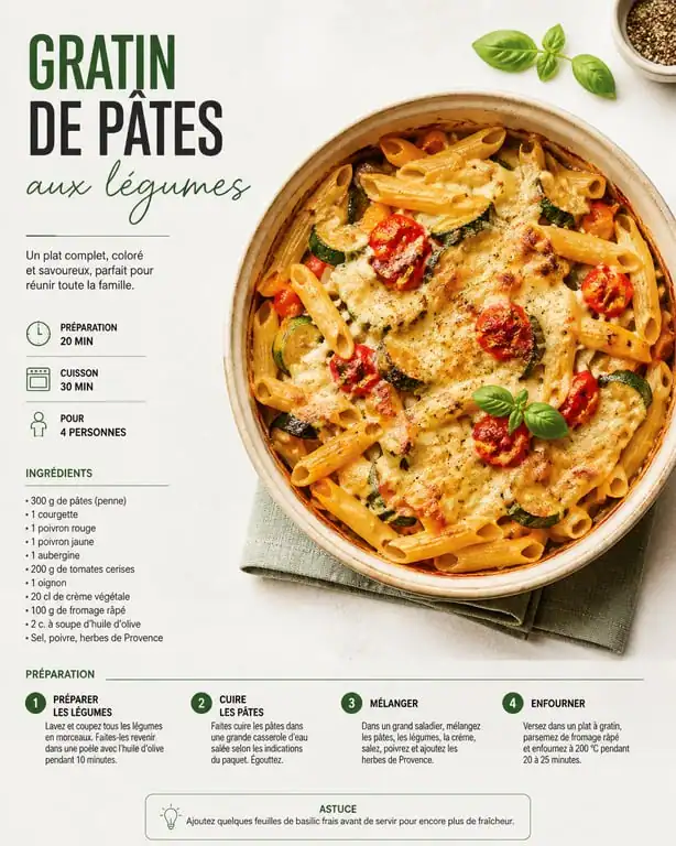 Gratin de pâtes aux légumes cachés pour un menu famille semaine équilibré