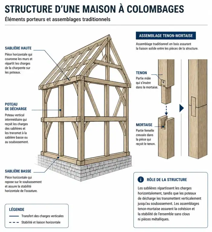 Schéma technique d'une structure de maison à colombages