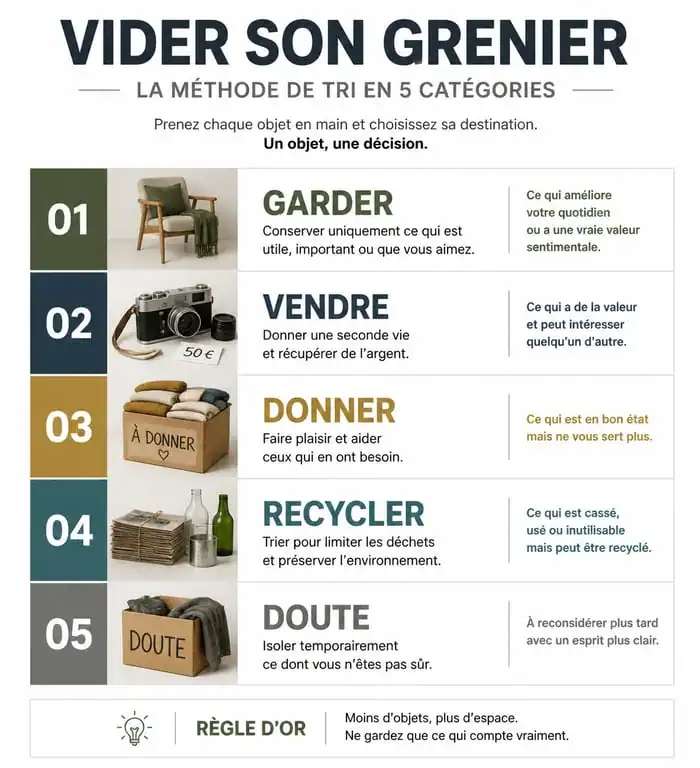 Infographie de la méthode de tri en 5 bacs pour vider mon grenier efficacement