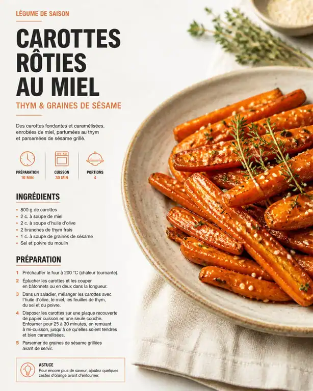 Recette de carottes rôties au miel, thym et citron dans une assiette