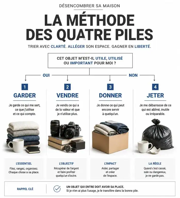 Infographie méthode de tri quatre piles pour vider une maison