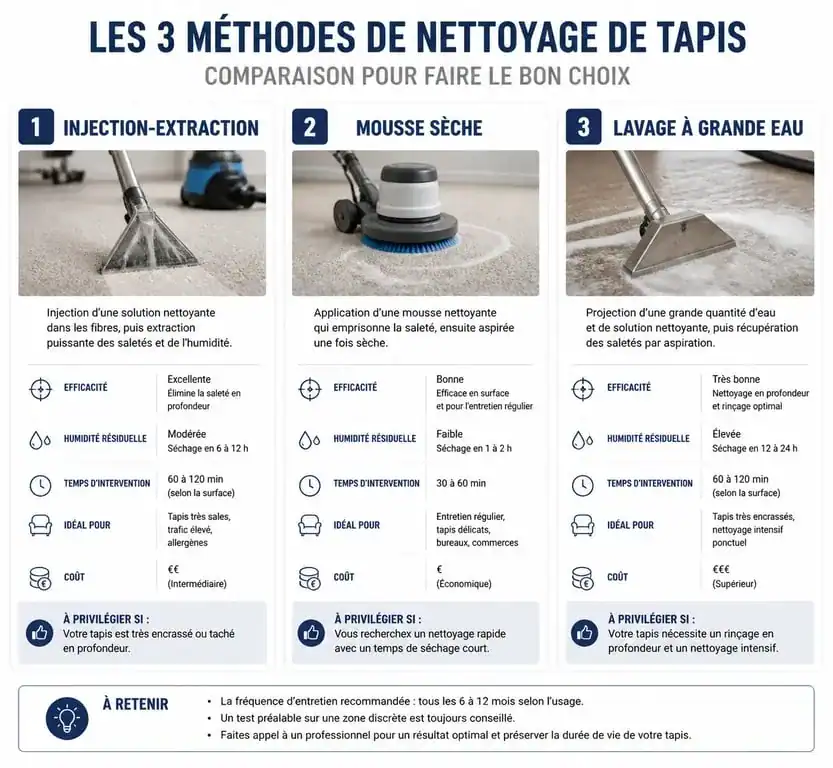 Tableau comparatif des méthodes pour savoir où faire nettoyer un tapis professionnellement
