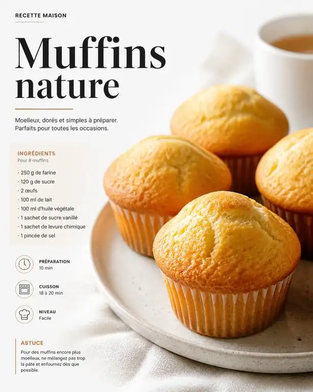 Recette pour muffins nature moelleux et dorés sur une assiette