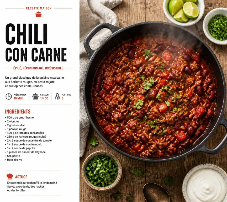 Plat de chili con carne pour un repas pour 30 personnes