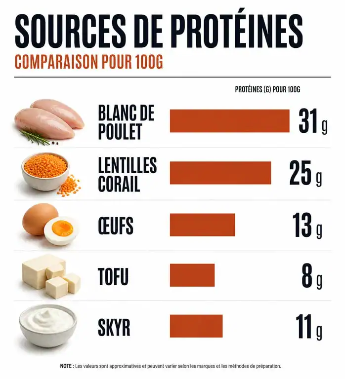 Infographie comparative des sources de protéines pour un repas riche en protéine