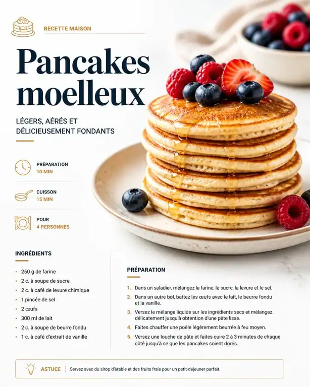 Pancakes peu caloriques sains et légers servis avec des fruits frais