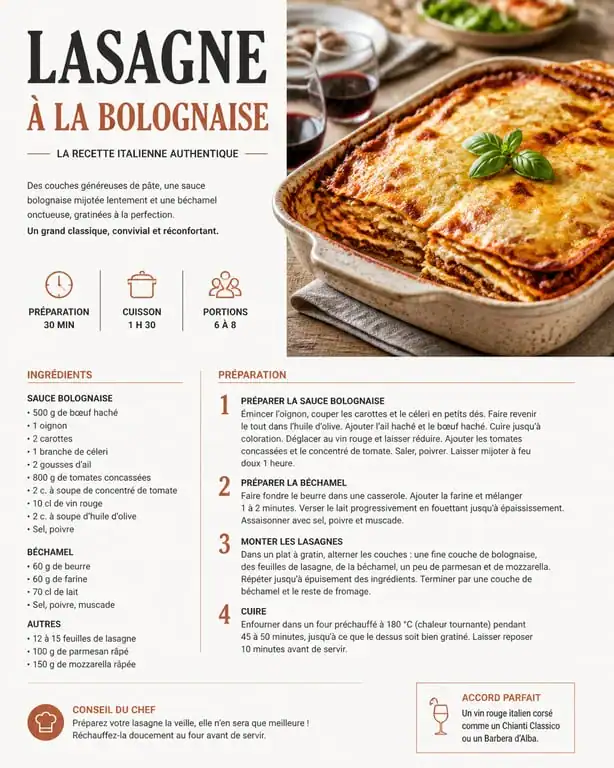 Recette de lasagnes à la bolognaise pour 10 personnes servies dans un plat à gratin