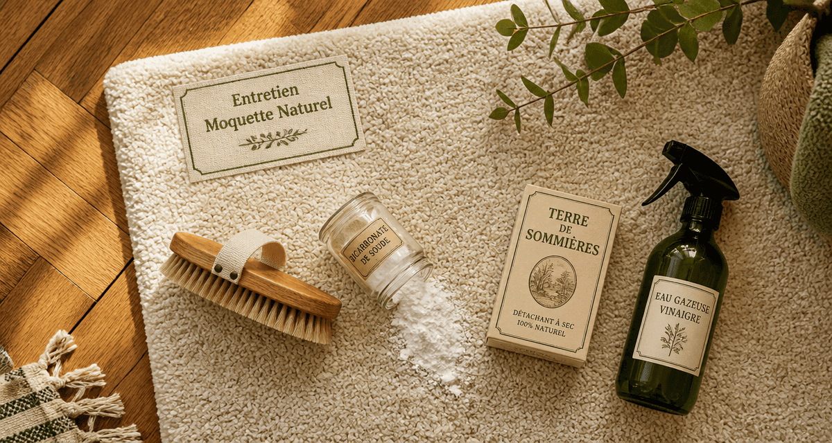 nettoyer une moquette naturellement avec accessoires sur tapis crème
