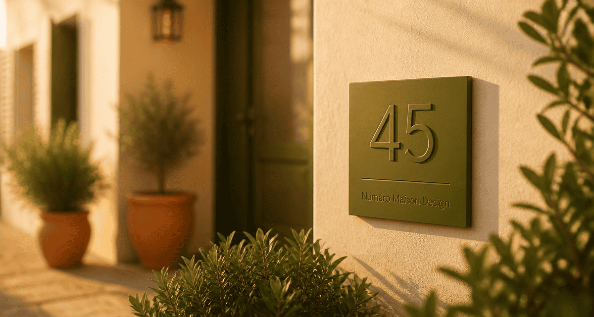 numero de maison design aluminium vert sur facade elegante