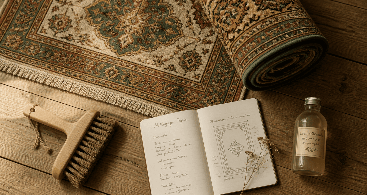 ou faire nettoyer un tapis persan roule sur parquet avec brosse et carnet
