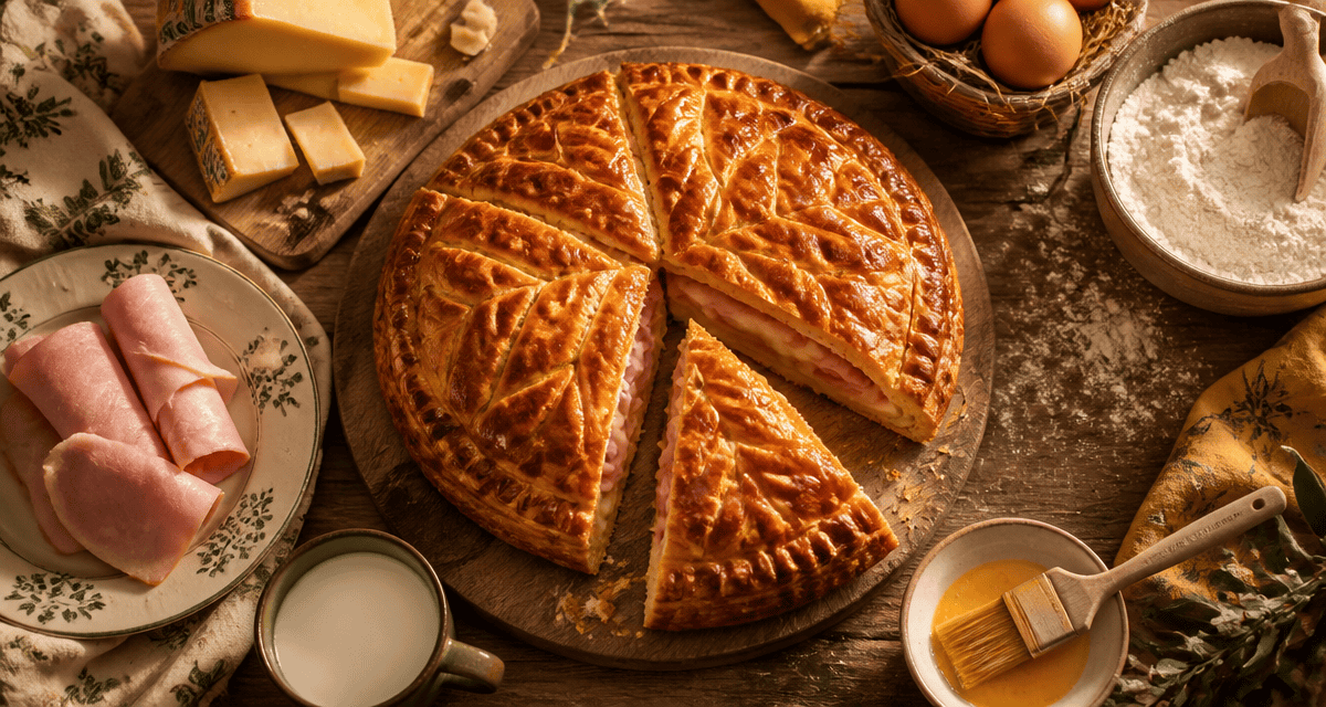 recette feuilleté salé croustillant jambon comté sur table rustique