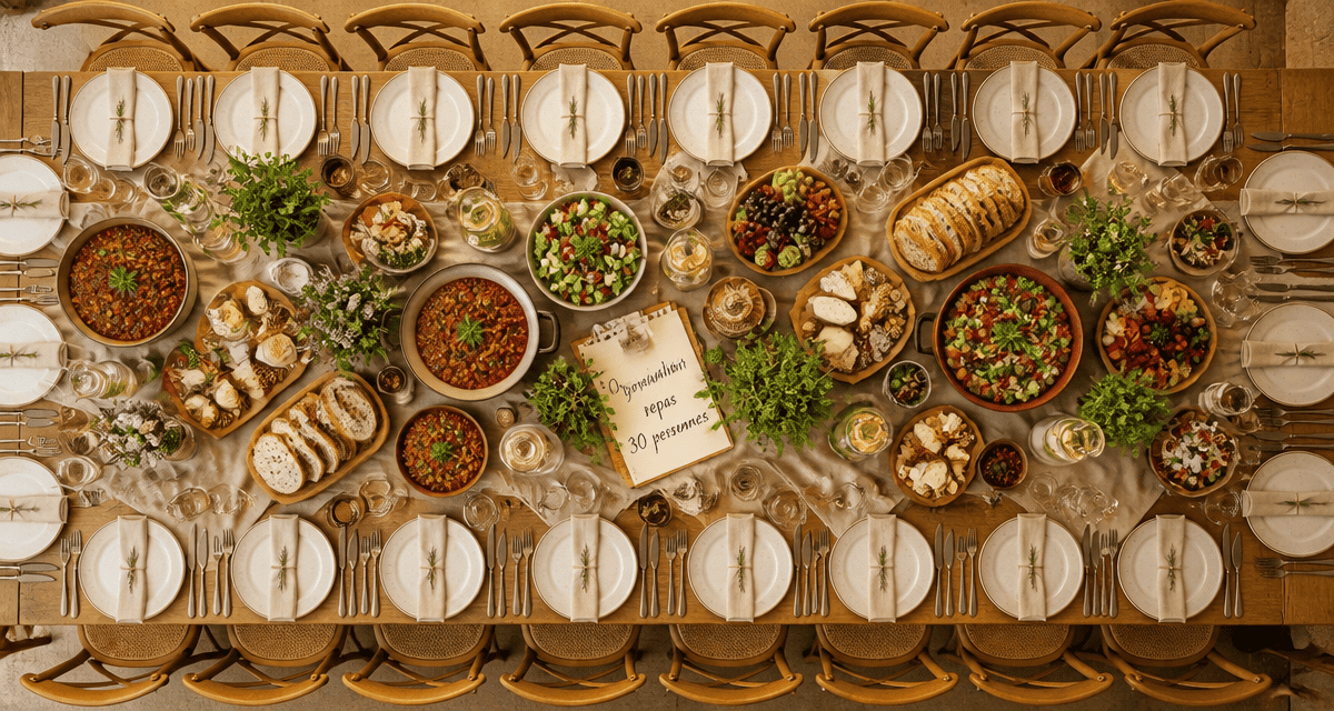 Repas pour 30 personnes table dressée ambiance conviviale
