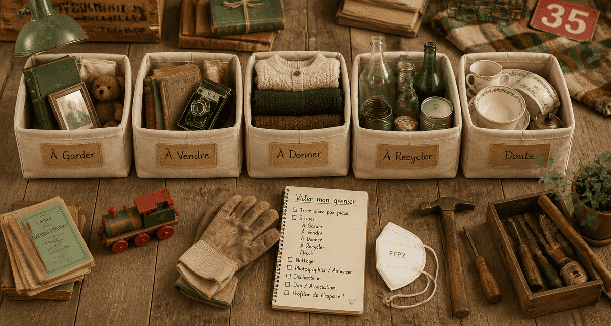 Vider mon grenier, bacs de tri et objets anciens sur plancher