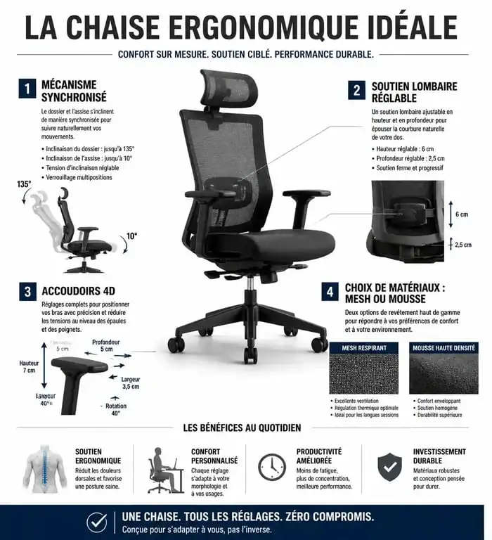 Infographie comparative des caractéristiques techniques de la meilleure chaise ergonomique 2025 pour le confort au bureau