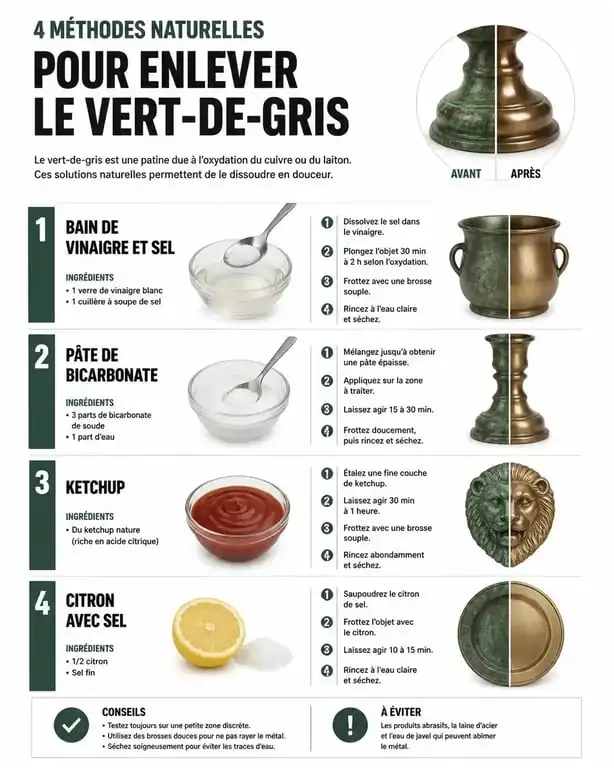 Infographie des méthodes naturelles pour enlever du vert de gris sur le cuivre