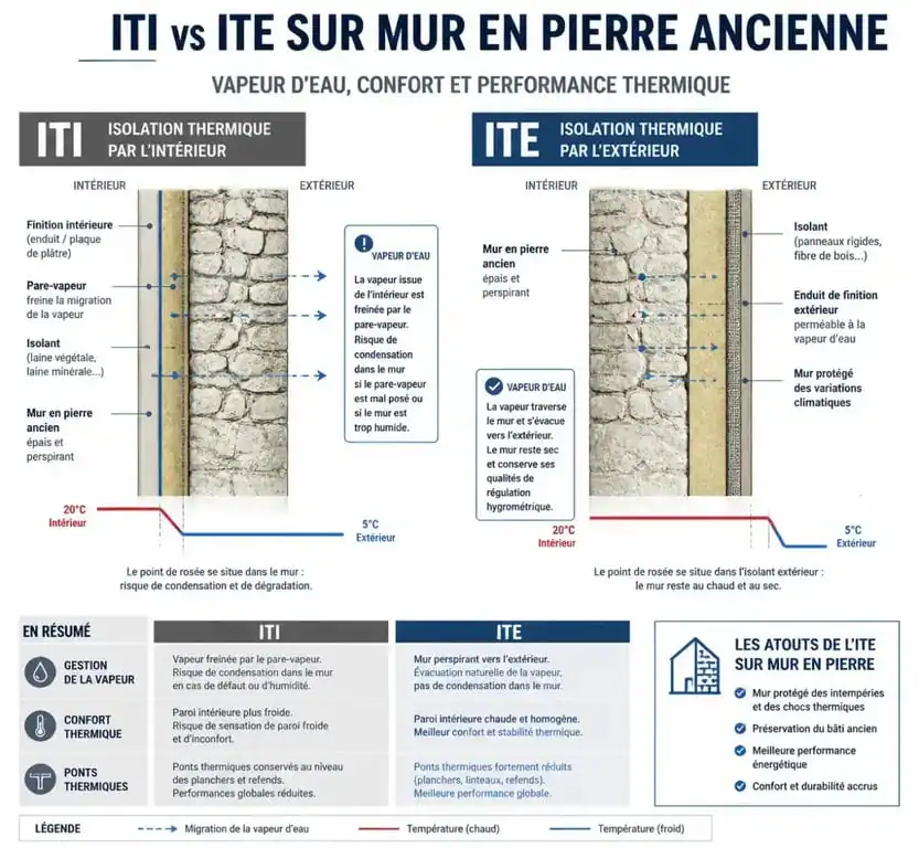 Schéma comparatif de l'isolation d'un mur en pierre par l'intérieur et par l'extérieur