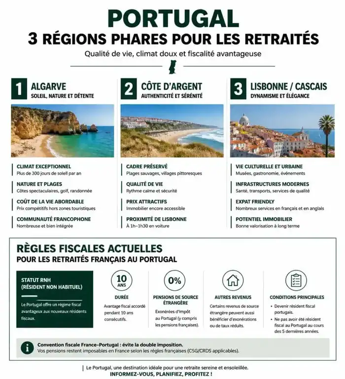 Infographie sur les régions et la fiscalité pour les retraités au Portugal