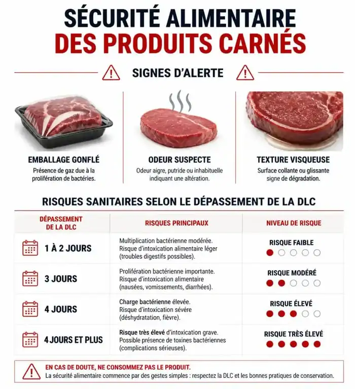 Infographie sur les risques sanitaires et les signes de détérioration des cordons bleus périmés