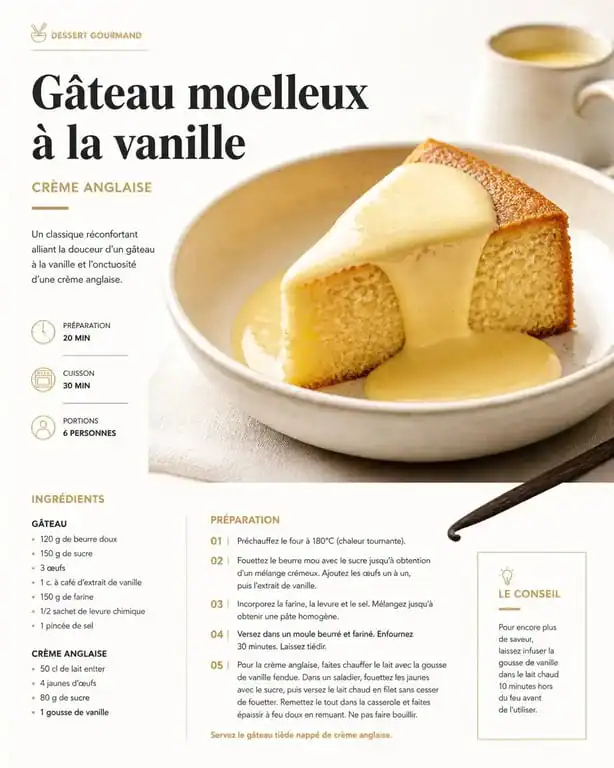 Part de gâteau moelleux à la vanille nappée de crème anglaise pour accompagner un dessert