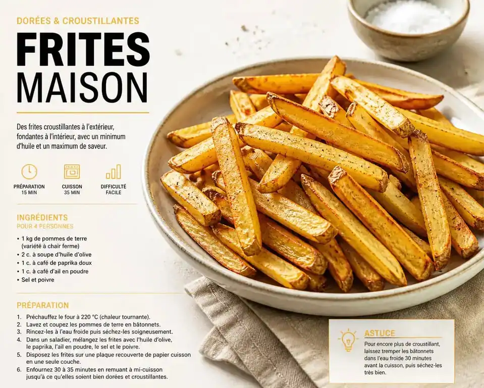 Frites maison croustillantes cuites au four dans une assiette