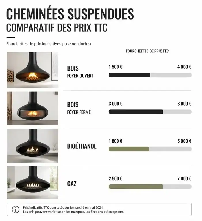 Comparatif des prix des cheminées suspendues selon le type d'énergie et d'installation