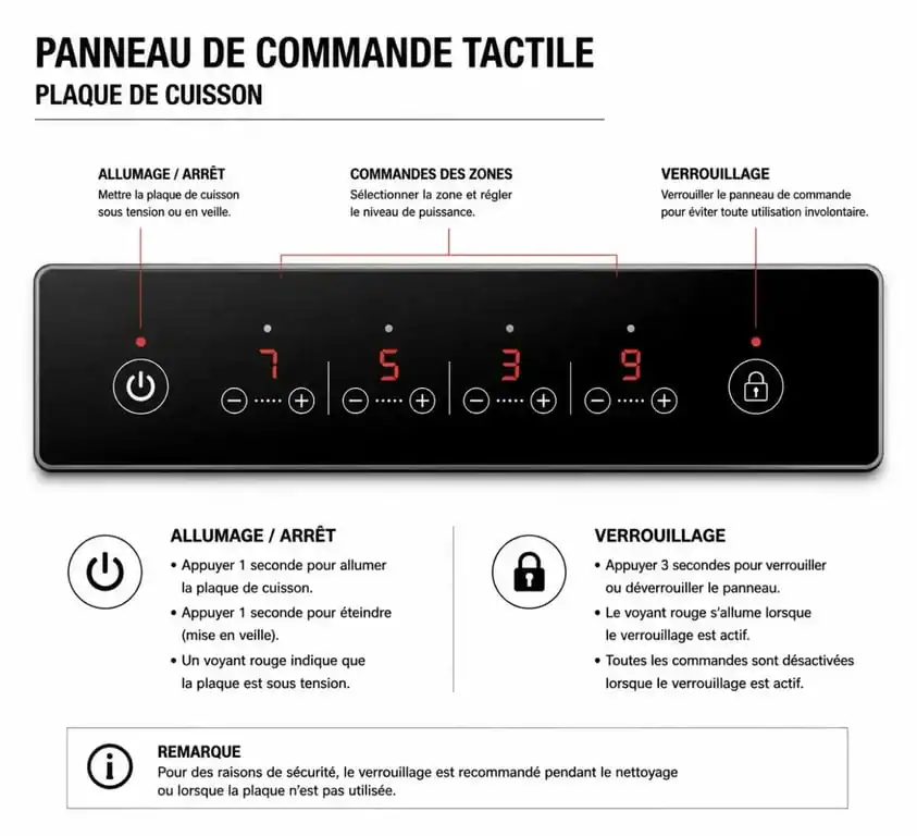Schéma explicatif des commandes d'une plaque de cuisson tactile pour apprendre comment allumer sa plaque de cuisson tactile.