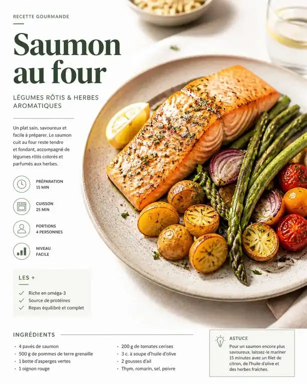 Saumon au four et ses accompagnements de légumes rôtis sur une assiette