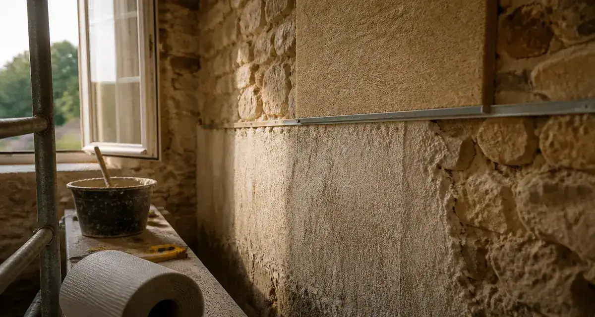 Isoler un mur en pierre humide avec enduit chaux-chanvre et membrane hygrovariable