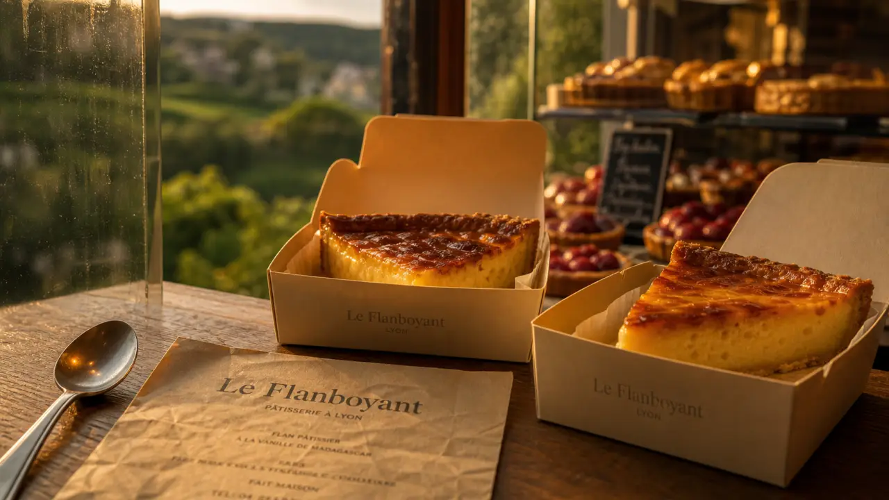 Au pain des traboules le flanboyant : flan pâtissier en vitrine lyonnaise