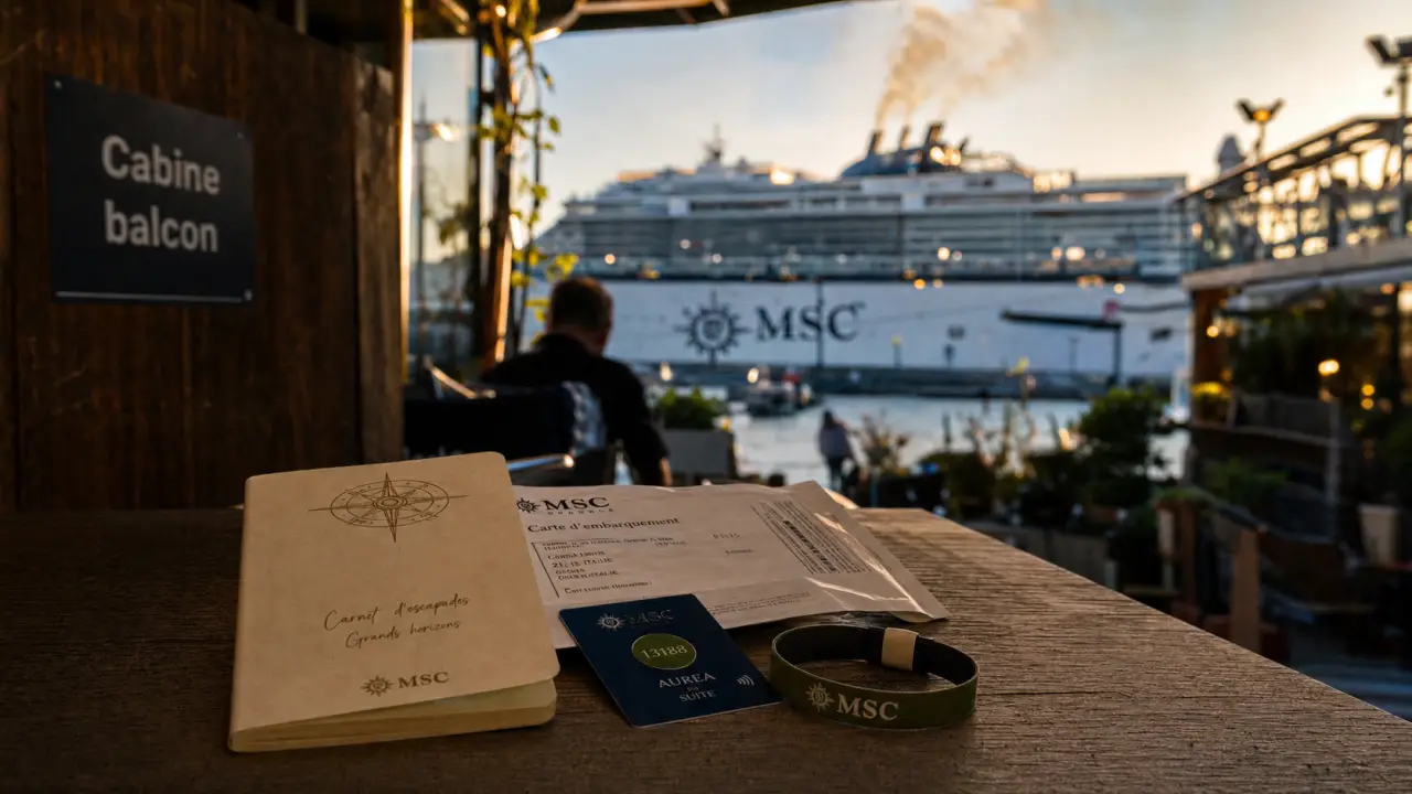 Avis croisiere msc mediterranee : badge cabine sur terrasse près du paquebot MSC
