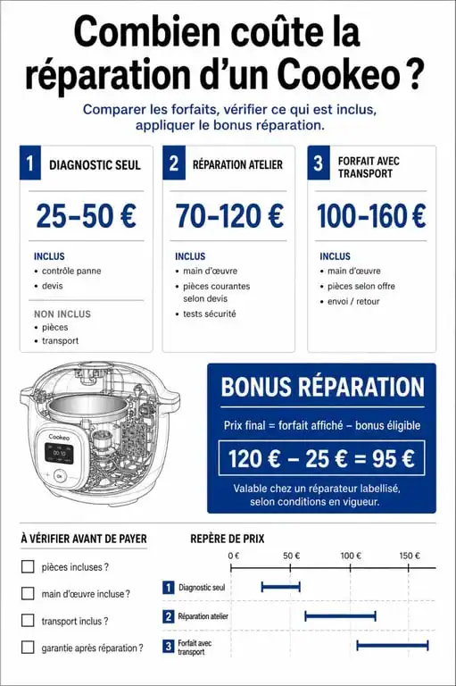 Infographie sur le coût réparation cookeo avec comparaison des forfaits et du bonus réparation