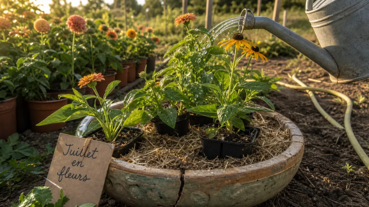 Que planter en juillet août fleurs : zinnias et rudbeckias, arrosage au pied