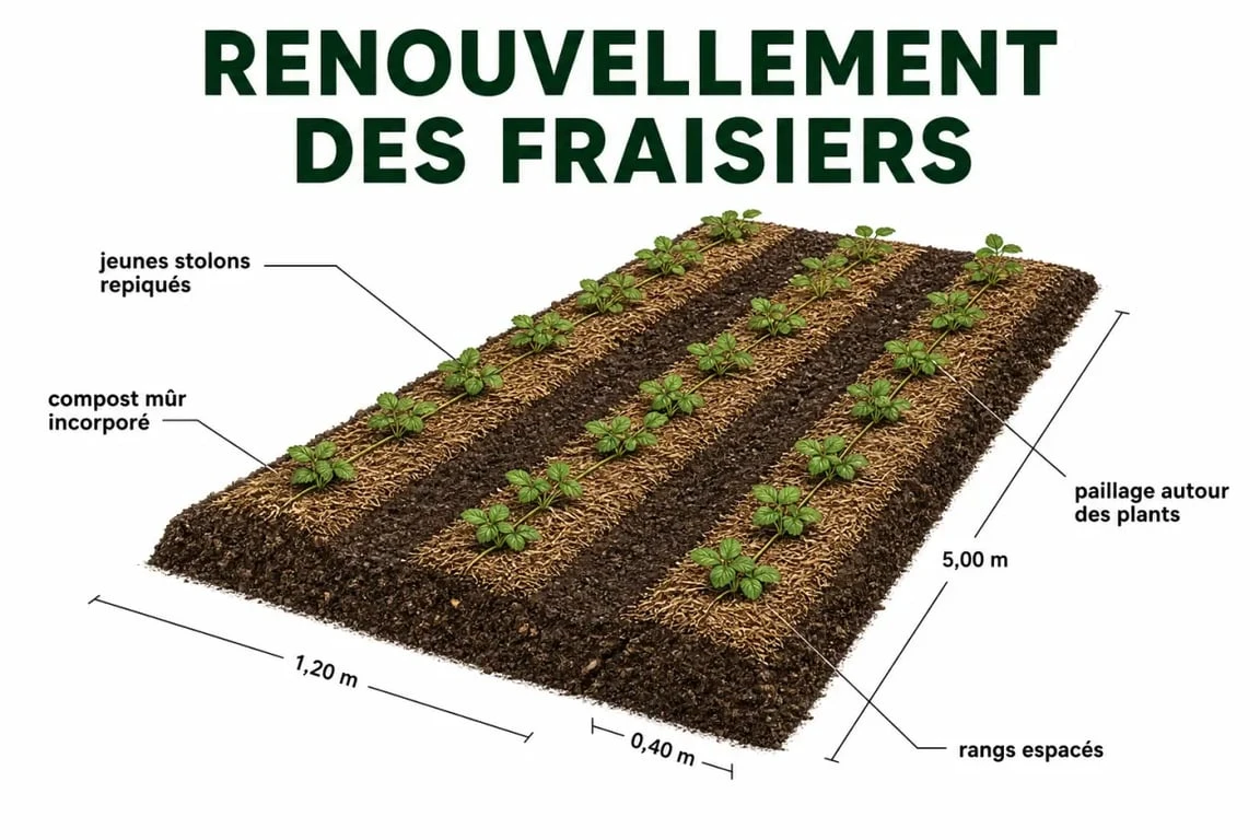 Que faire des vieux fraisiers : replantation de jeunes stolons avec paillage et compost
