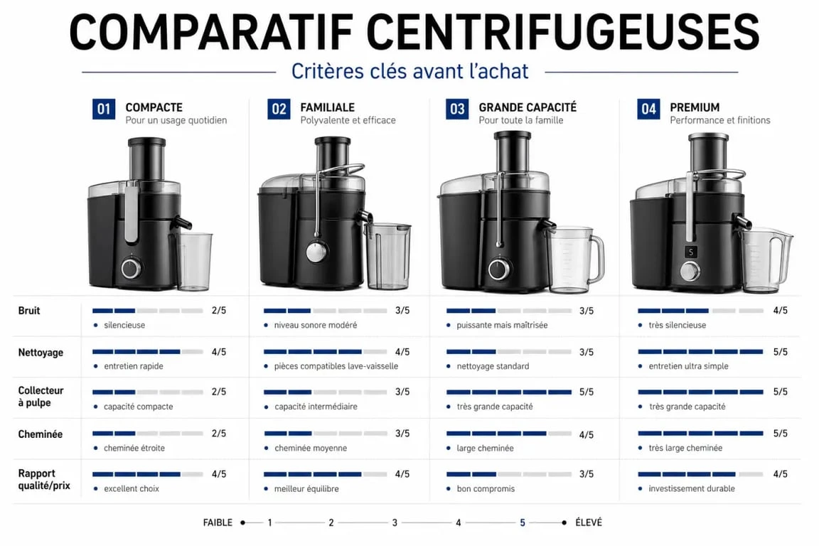 Meilleure centrifugeuse : infographie comparative des critères de choix et des profils d’usage