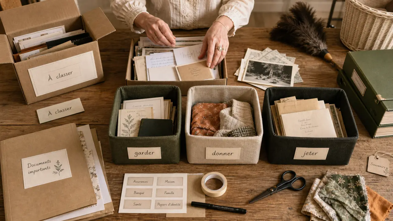 Aide rangement maison : tri de papiers administratifs sur table