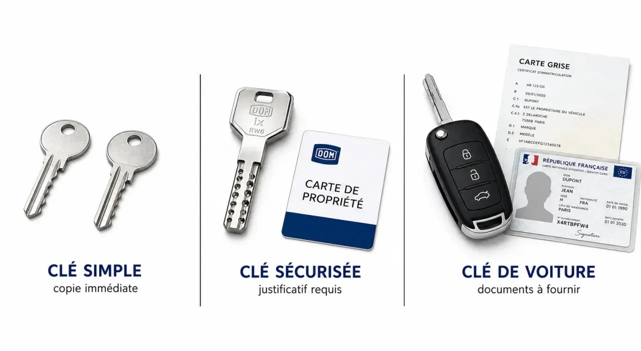 Où refaire ses clés : comparaison visuelle des options selon le type de clé et les documents à fournir