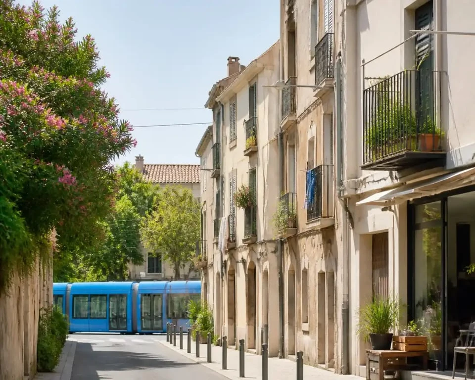 Quartier Celleneuve à Montpellier avec rues anciennes, commerces et tramway