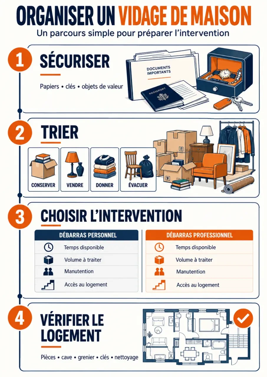 Infographie des étapes clés d'un vidage maison avant l'évacuation des meubles et objets