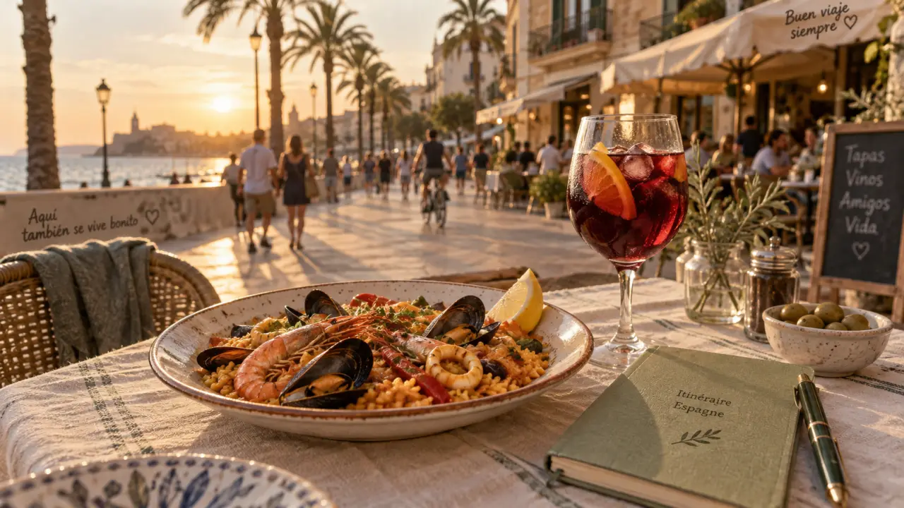 Villes connues Espagne : paella et sangria sur fond de boulevard animé